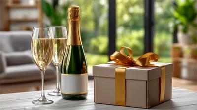 Champagne Bottle With Two Flutes And Gift Box