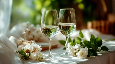 Two Wine Glasses With White Flowers On Table