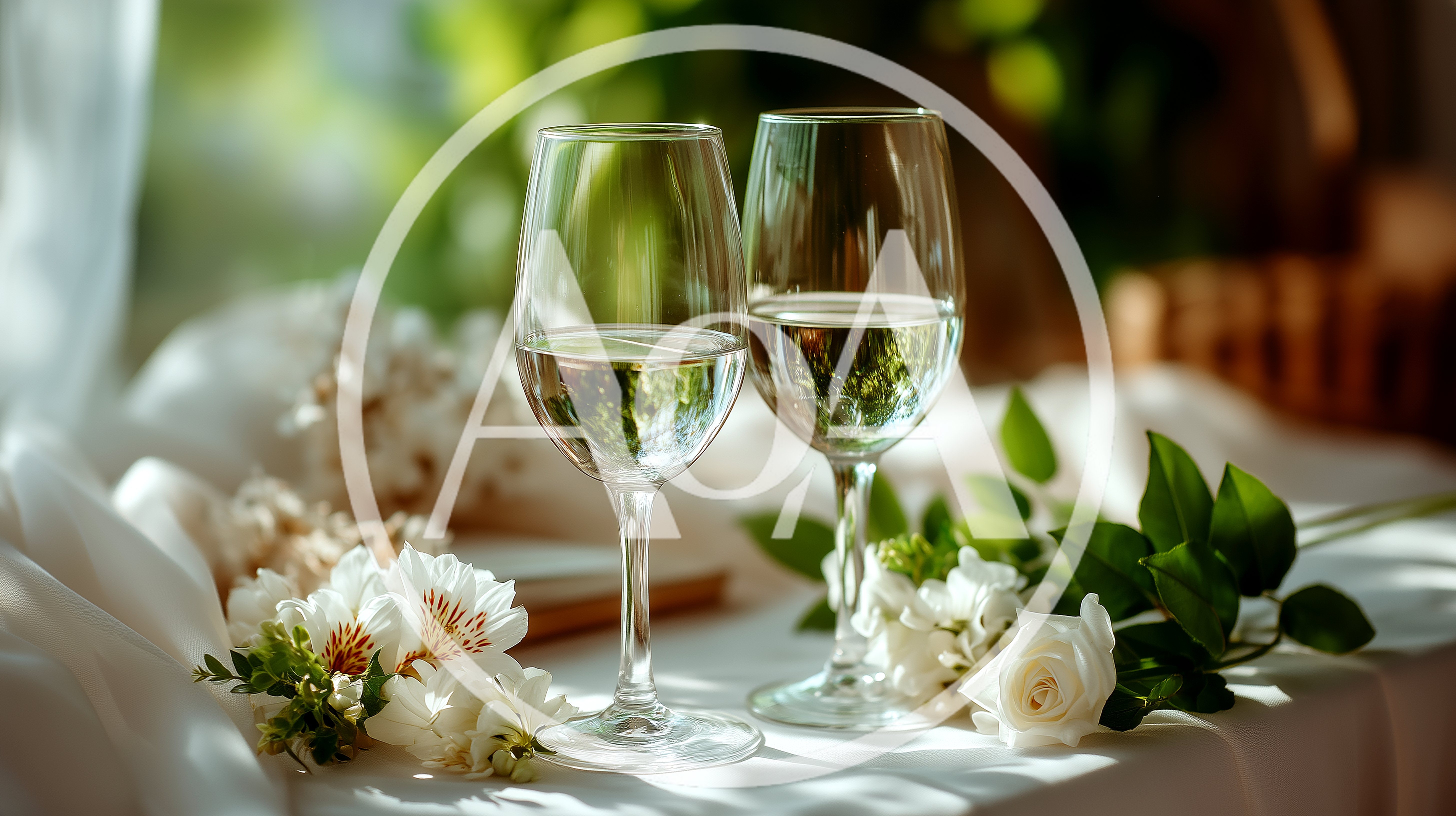 Two Wine Glasses With White Flowers On Table