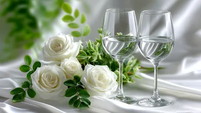 Two Wine Glasses With White Roses On Silk Fabric