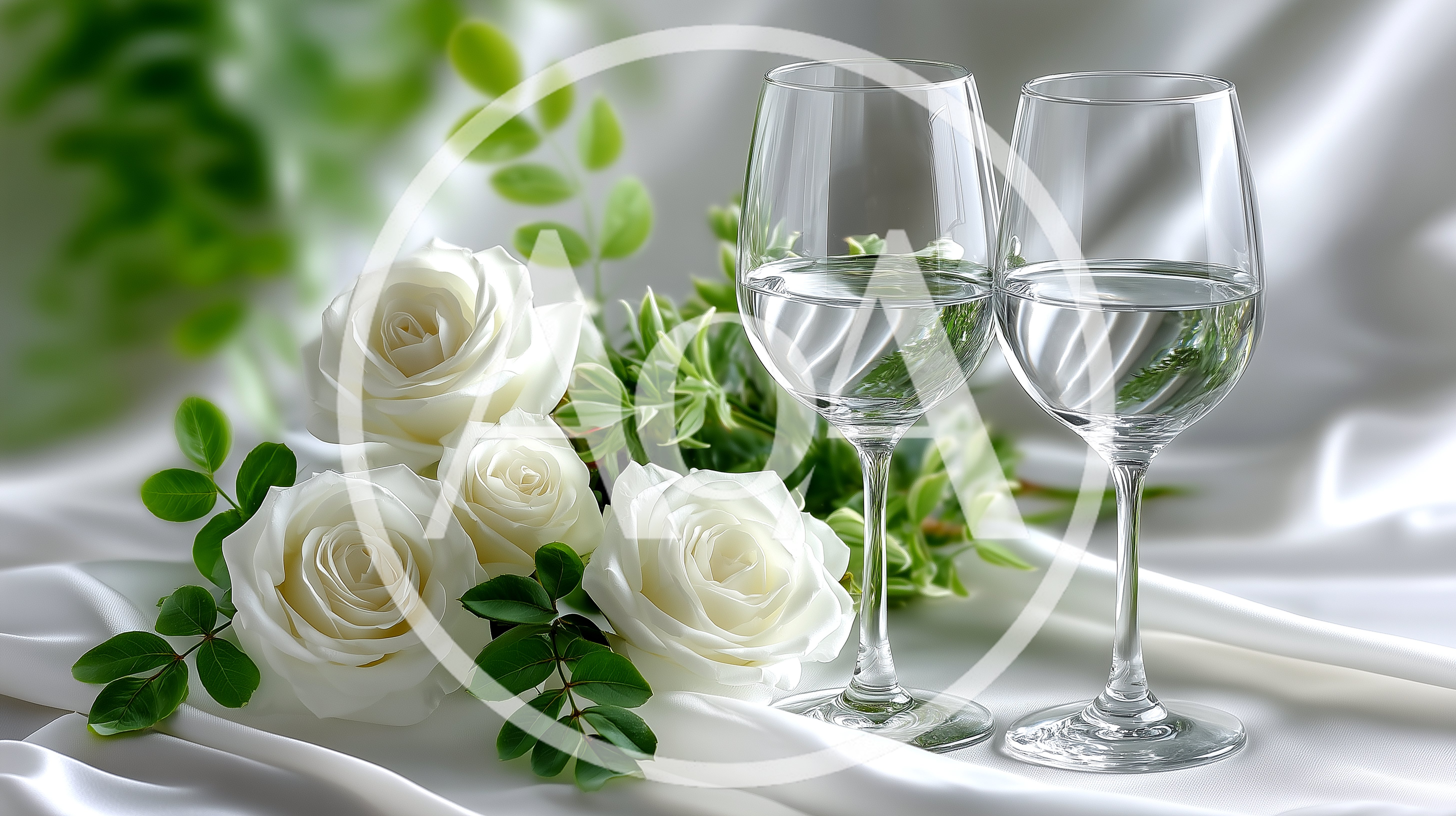 Two Wine Glasses With White Roses On Silk Fabric