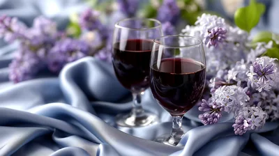 Two Glasses Of Red Wine With Lilac Flowers