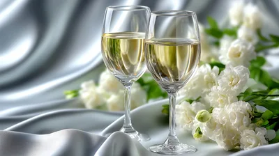 Two Glasses Of White Wine With White Flowers