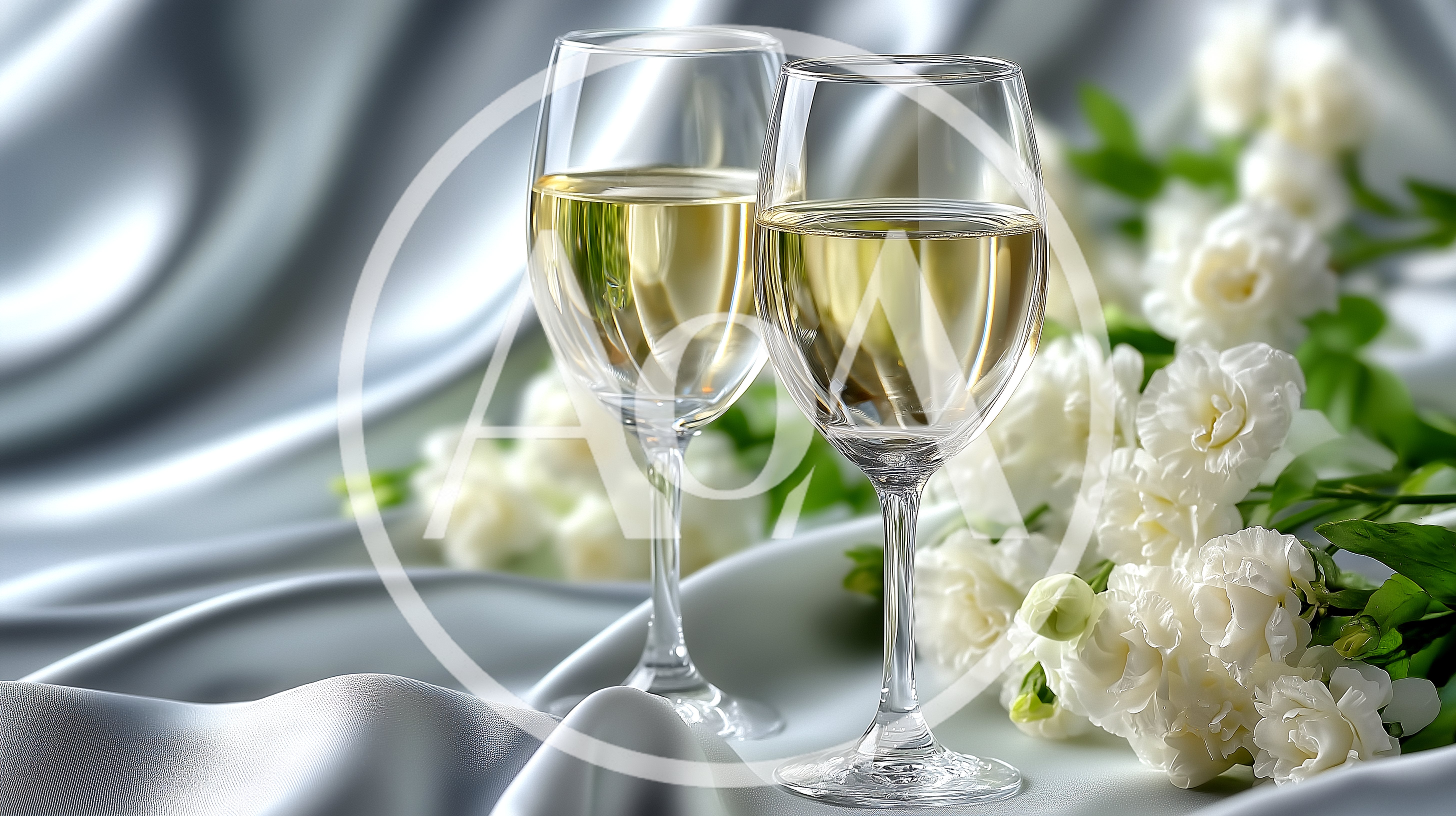 Two Glasses Of White Wine With White Flowers