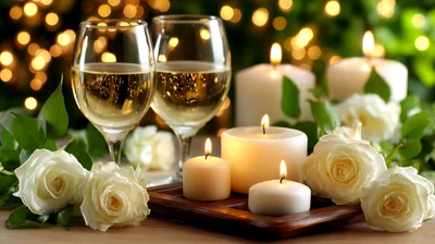 Romantic Table Setting With White Roses And Candles