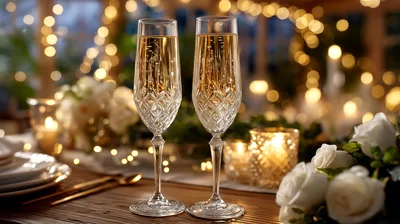 Two Crystal Champagne Flutes On A Romantic Dinner Table