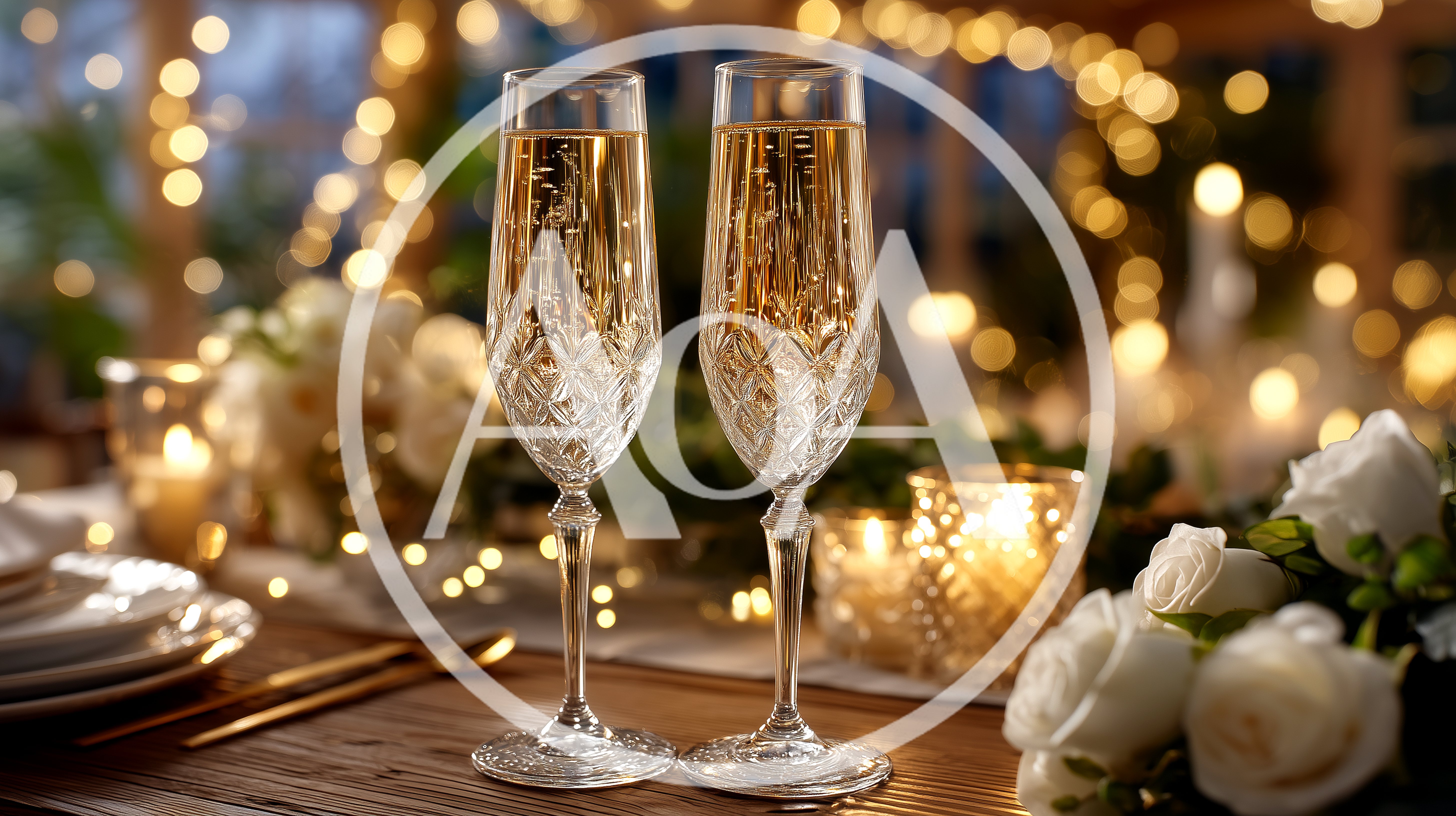 Two Crystal Champagne Flutes On A Romantic Dinner Table