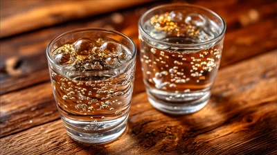 Two Glasses Of Sparkling Carbonated Beverage On Wood