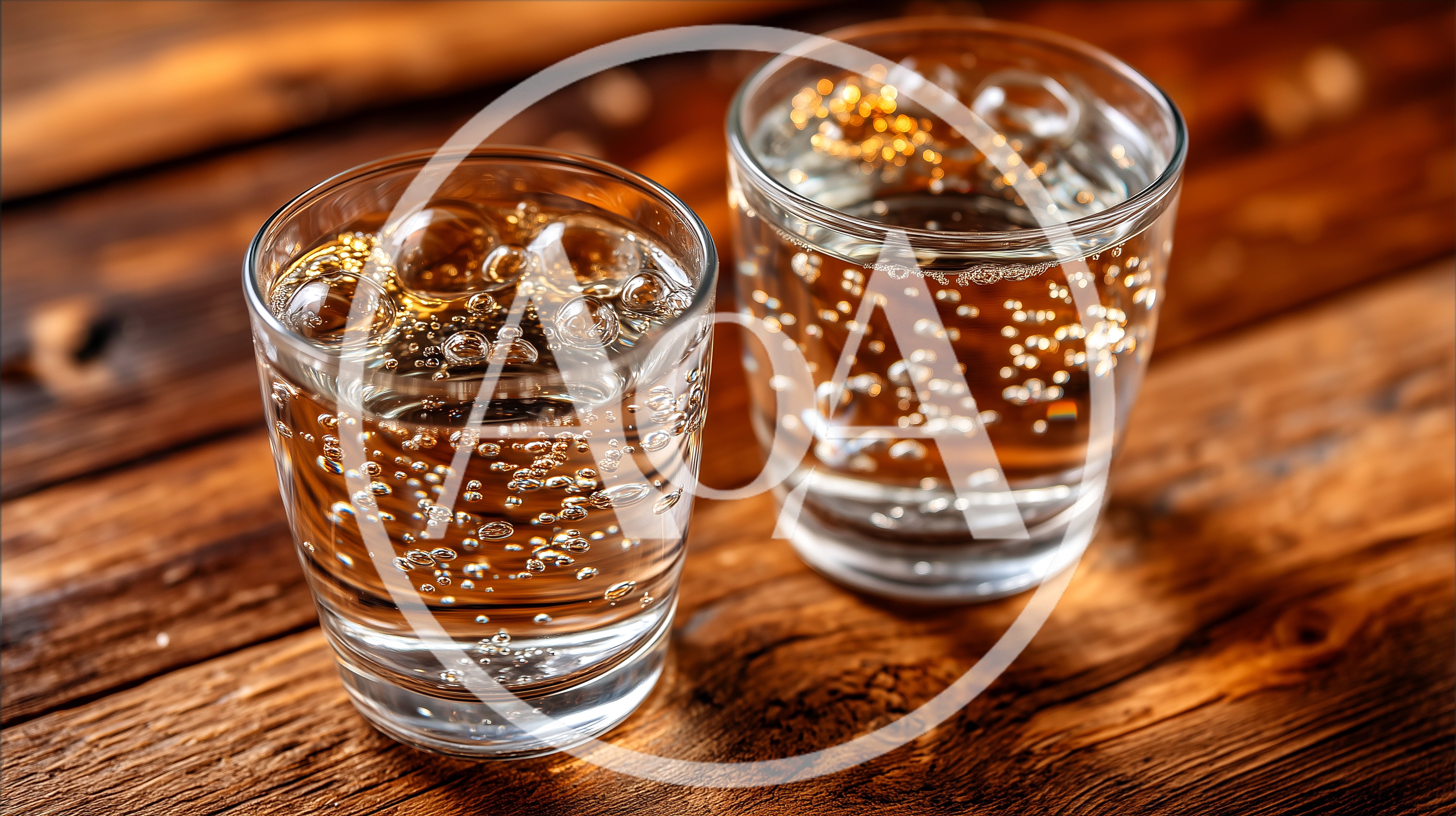 Two Glasses Of Sparkling Carbonated Beverage On Wood