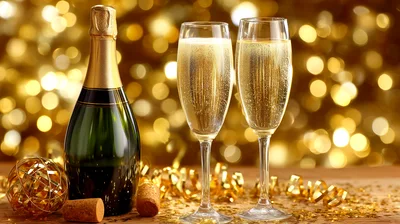 Champagne Bottle And Two Flutes For New Year Celebration