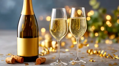 Champagne Bottle And Two Flutes With Confetti