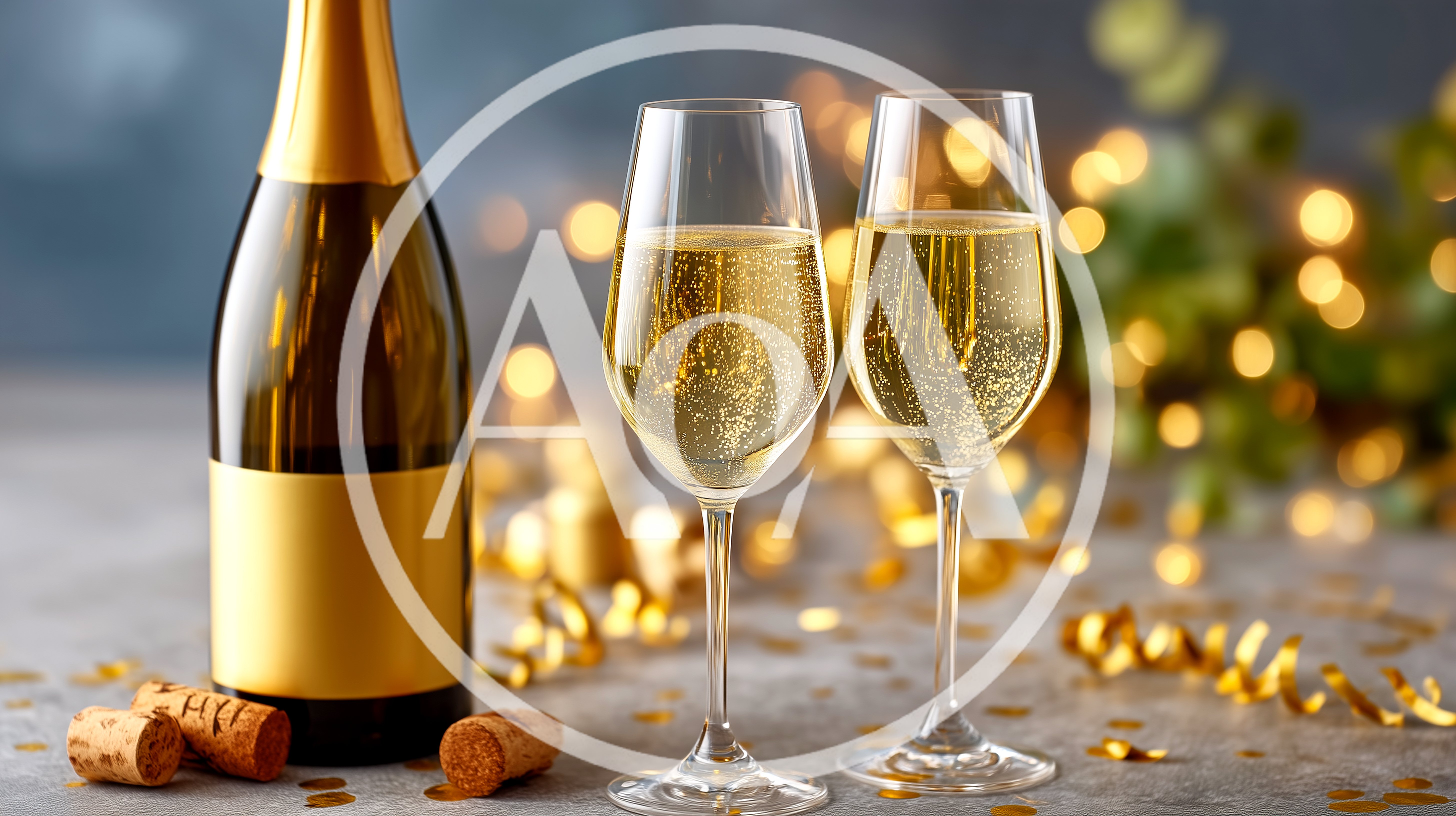 Champagne Bottle And Two Flutes With Confetti