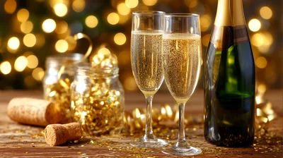 Two Champagne Flutes With Bottle And Golden Confetti