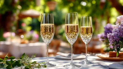 Three Crystal Champagne Flutes On A Garden Table