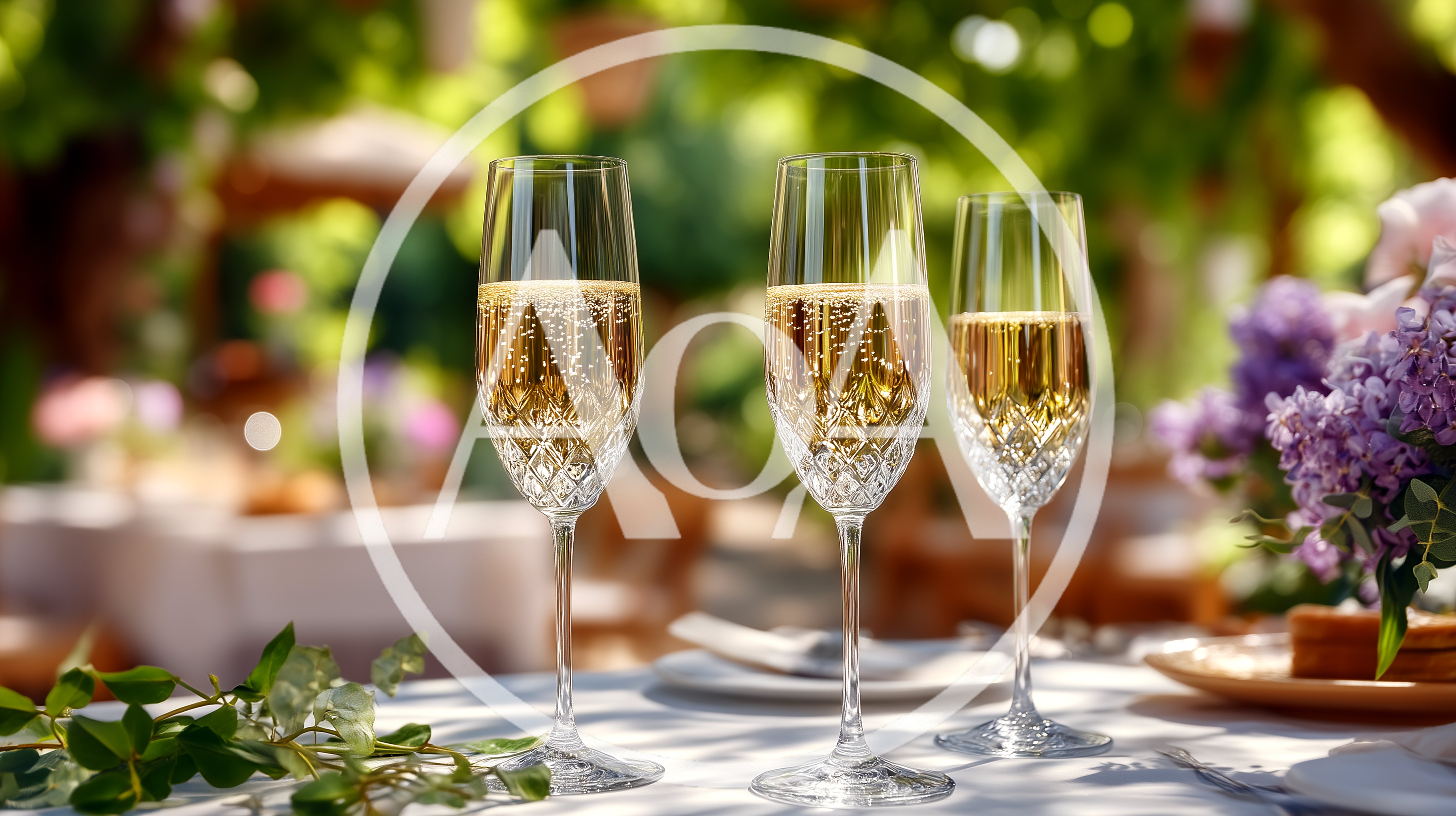 Three Crystal Champagne Flutes On A Garden Table