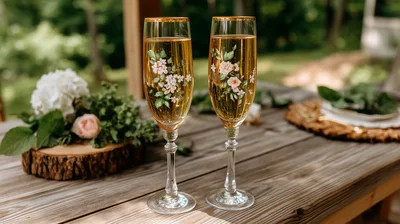 Two Floral Champagne Flutes On A Rustic Wooden Table
