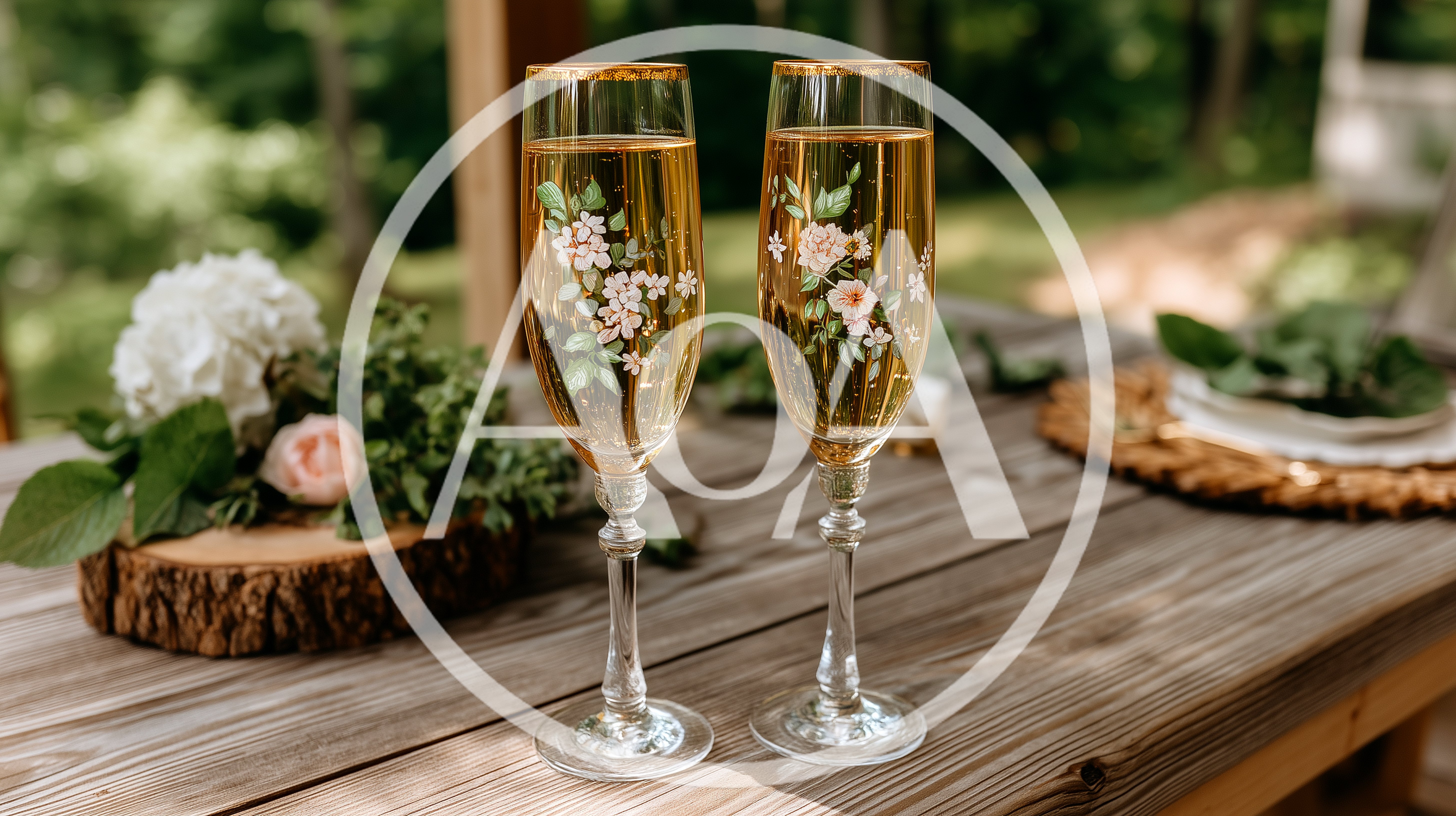 Two Floral Champagne Flutes On A Rustic Wooden Table