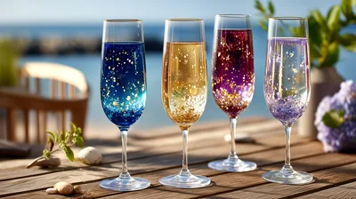 Four Colorful Sparkling Champagne Flutes On Wooden Table