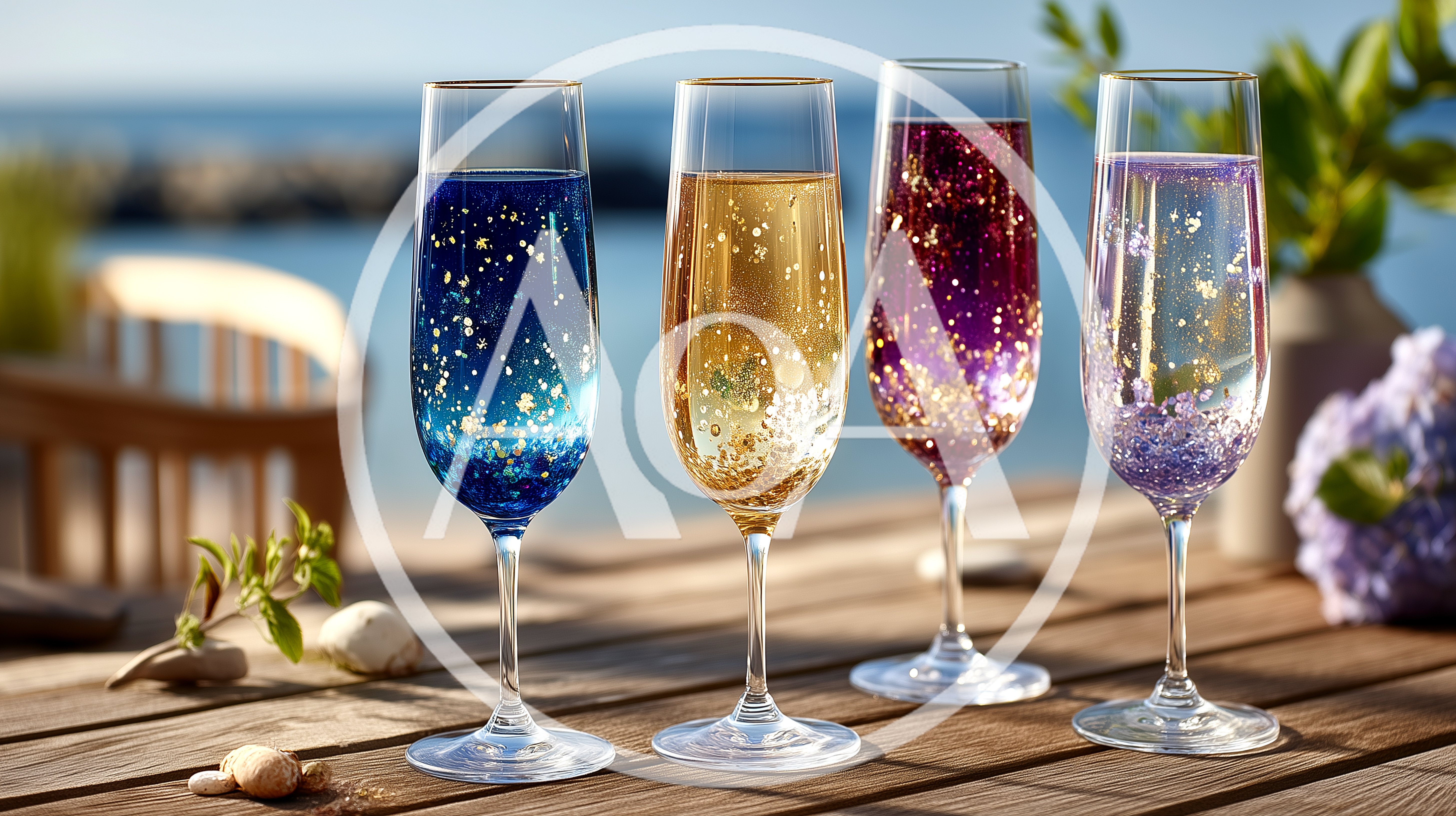 Four Colorful Sparkling Champagne Flutes On Wooden Table