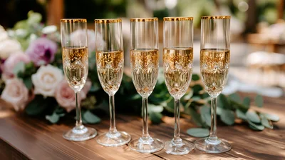 Five Elegant Champagne Flutes With Gold Rims