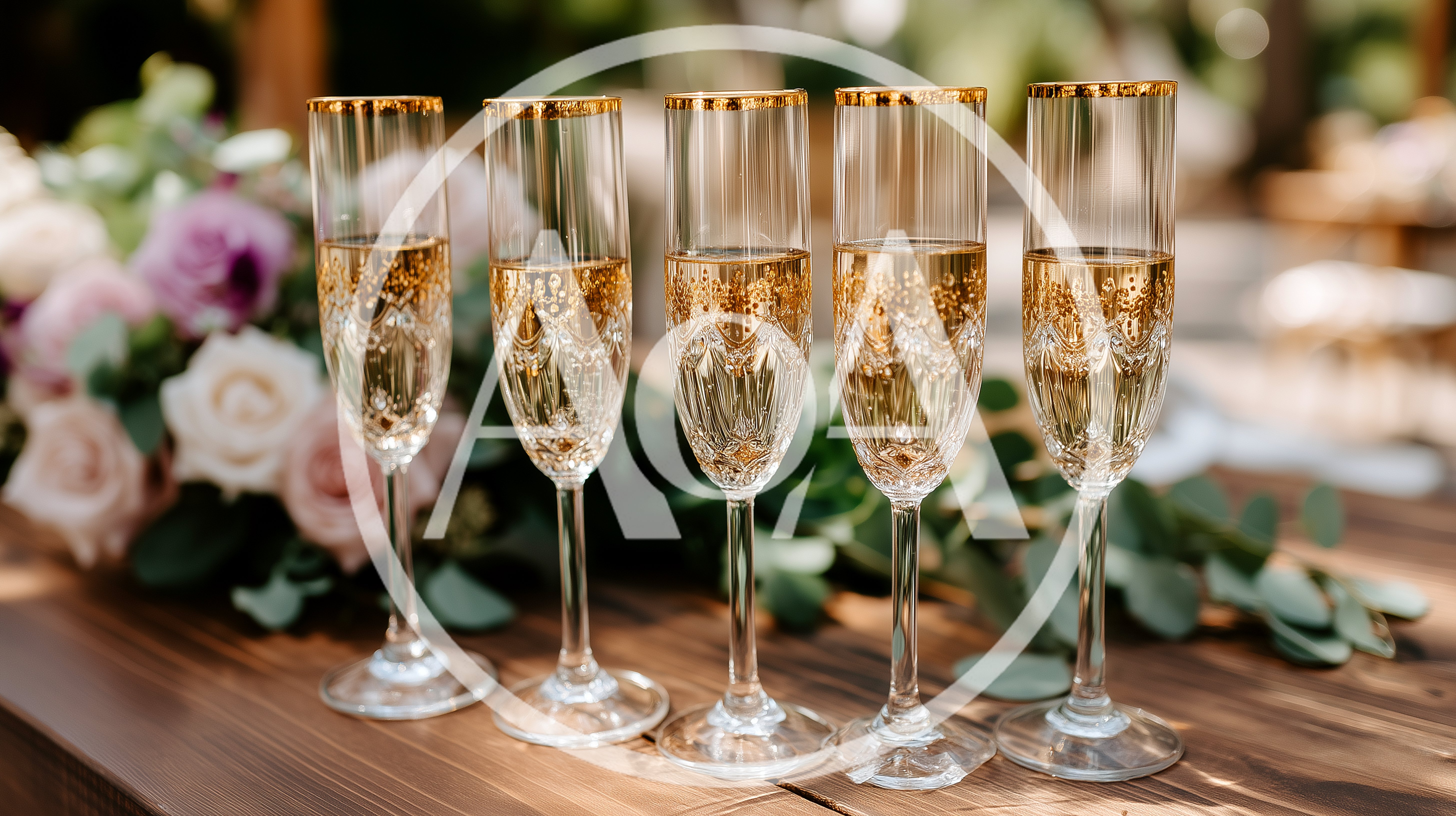 Five Elegant Champagne Flutes With Gold Rims