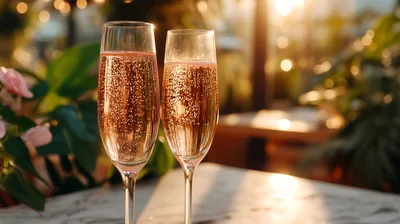 Two Flutes Of Sparkling Rose Champagne At Sunset