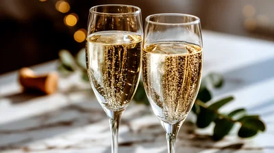 Two Flutes Of Sparkling Champagne On A Marble Table