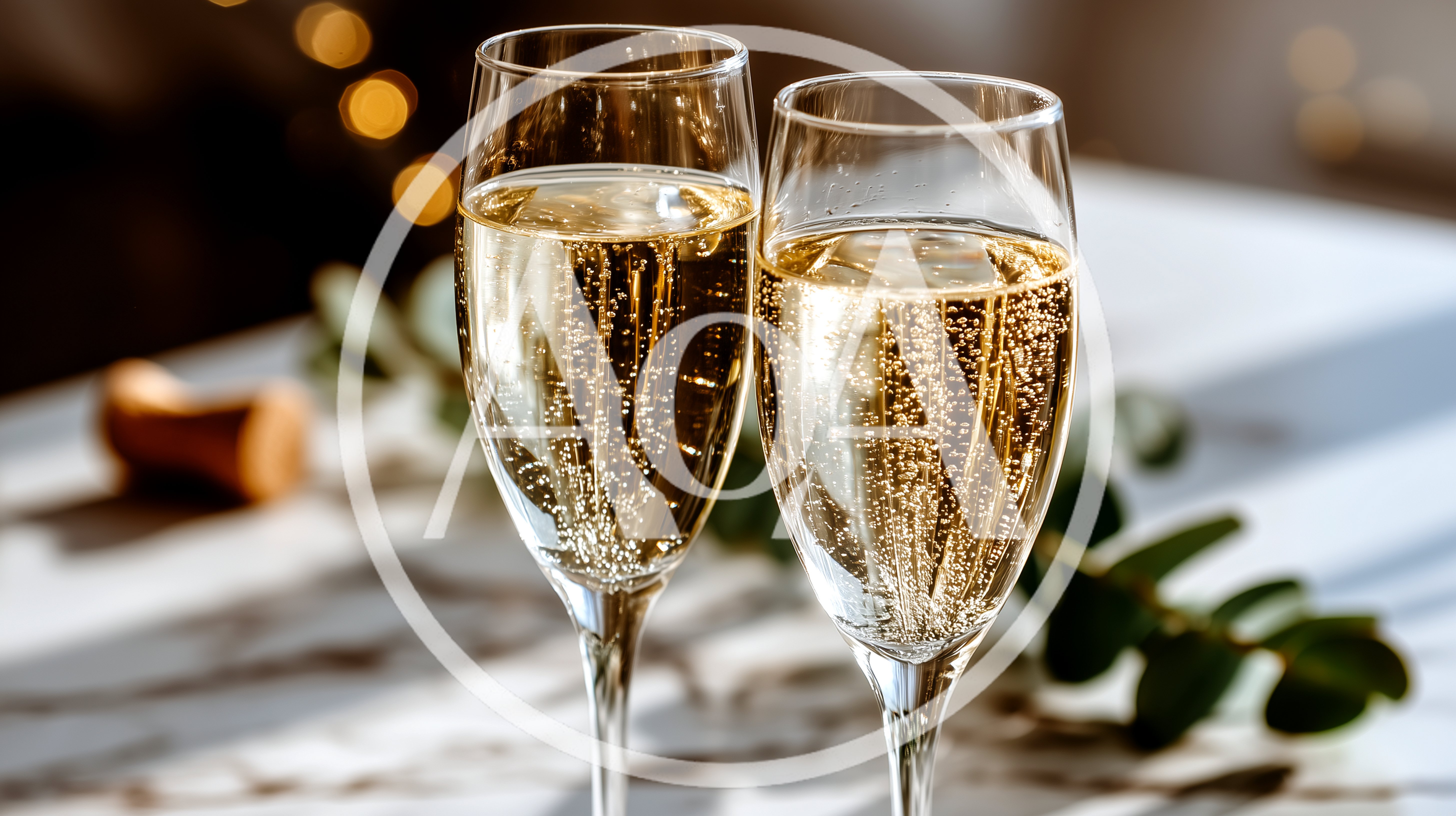 Two Flutes Of Sparkling Champagne On A Marble Table