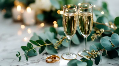 Two Champagne Flutes With Wedding Rings And Eucalyptus