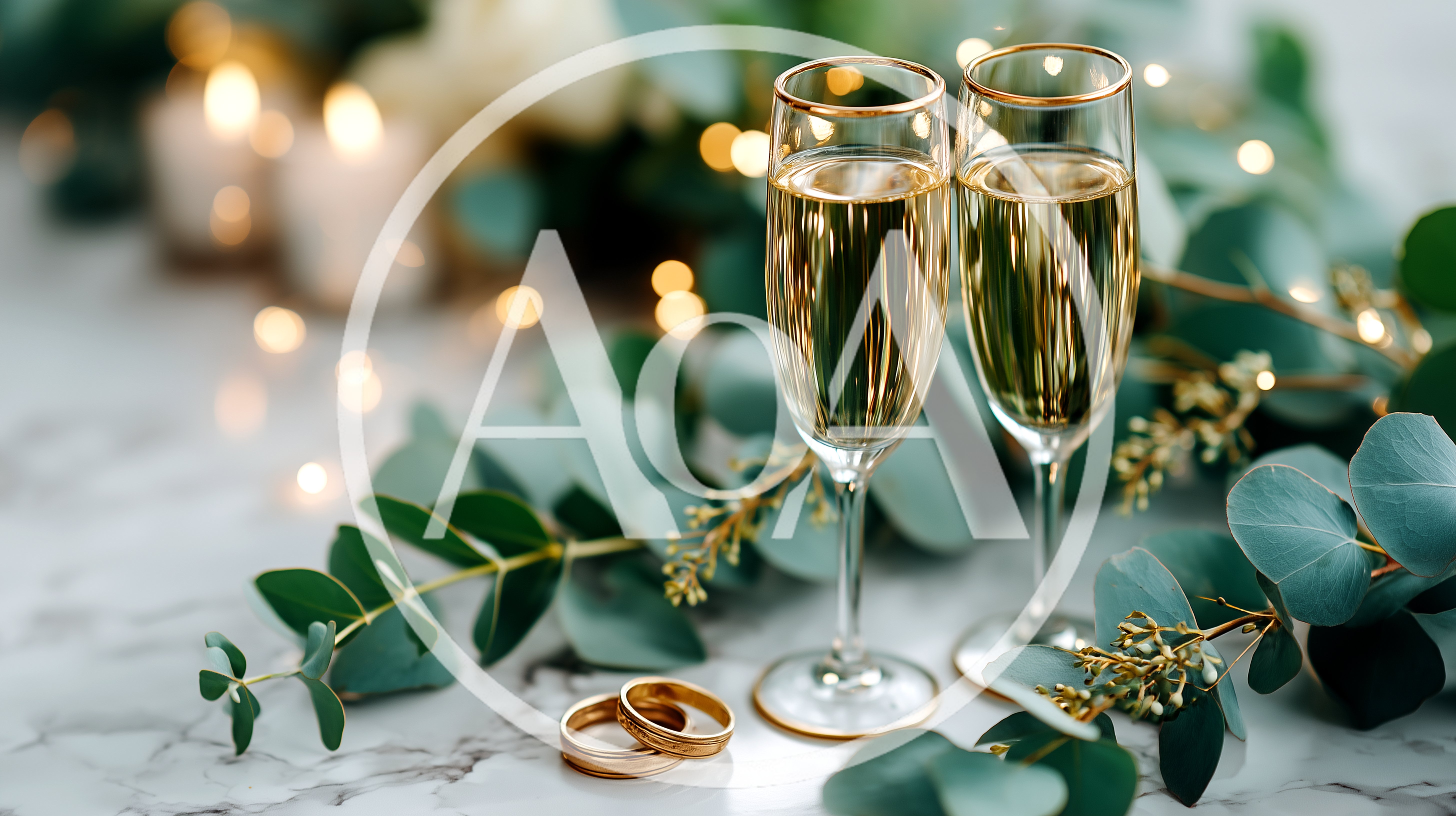 Two Champagne Flutes With Wedding Rings And Eucalyptus