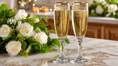 Two Champagne Flutes With White Roses On Marble Table