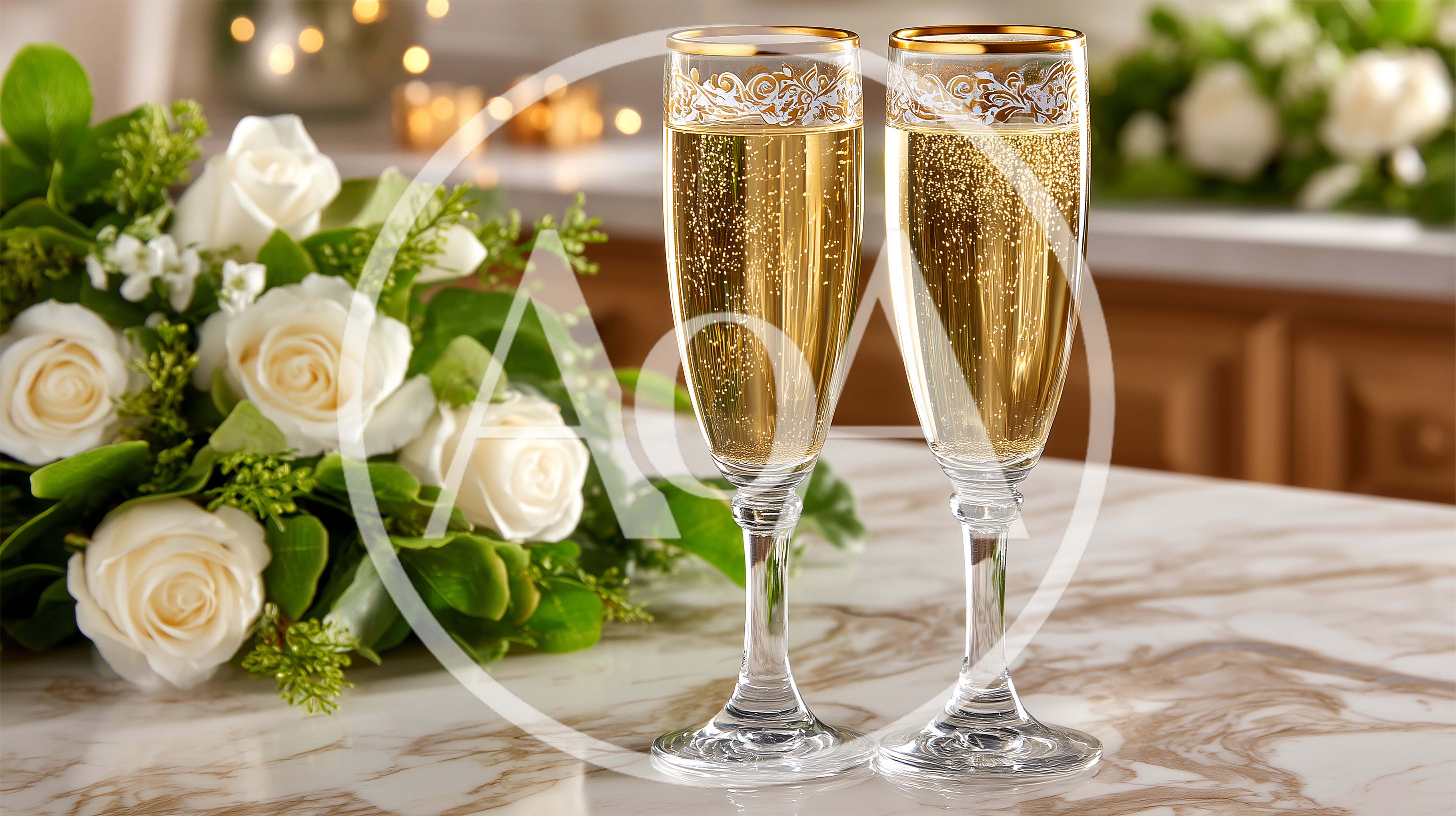 Two Champagne Flutes With White Roses On Marble Table