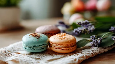 Three Colorful Macarons With Lavender Sprigs