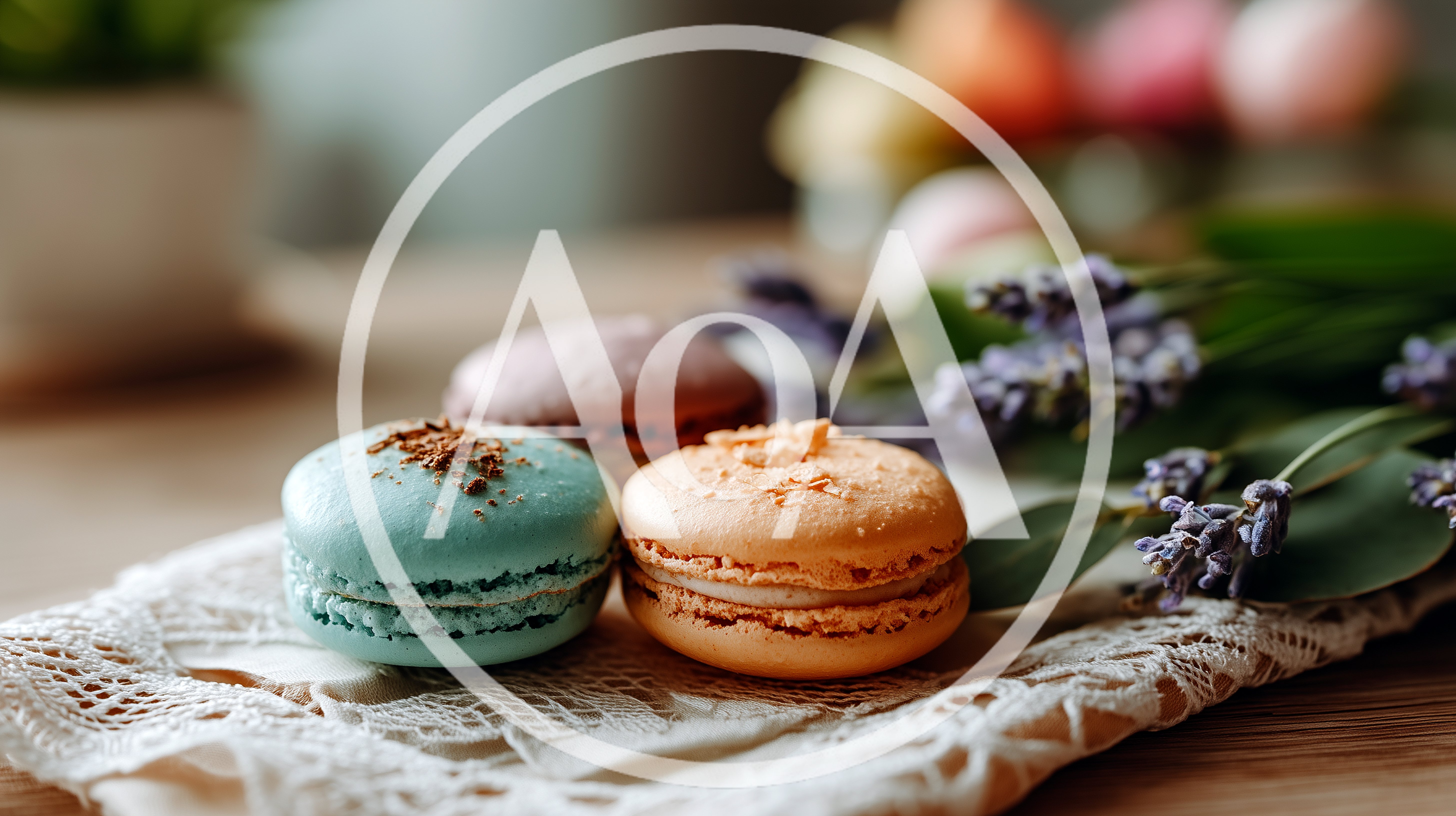 Three Colorful Macarons With Lavender Sprigs