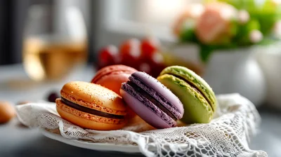 Colorful French Macarons On A Lace Doily