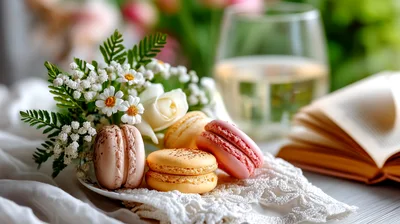 Macarons With Flowers And A Book
