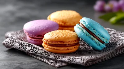 Colorful French Macarons On A Decorative Lace Napkin