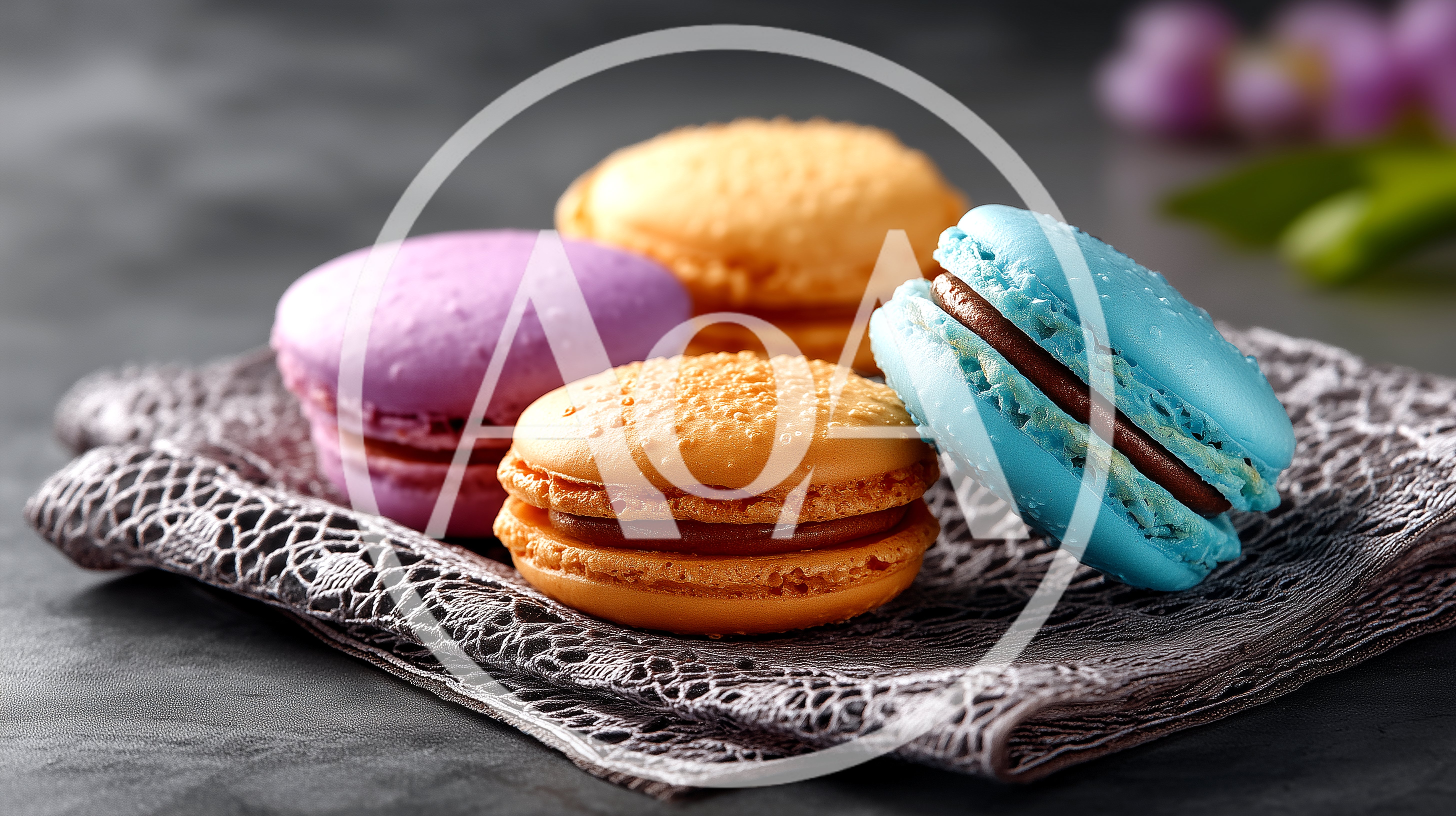 Colorful French Macarons On A Decorative Lace Napkin