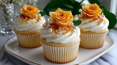 Three Gourmet Cupcakes Topped With Yellow Roses