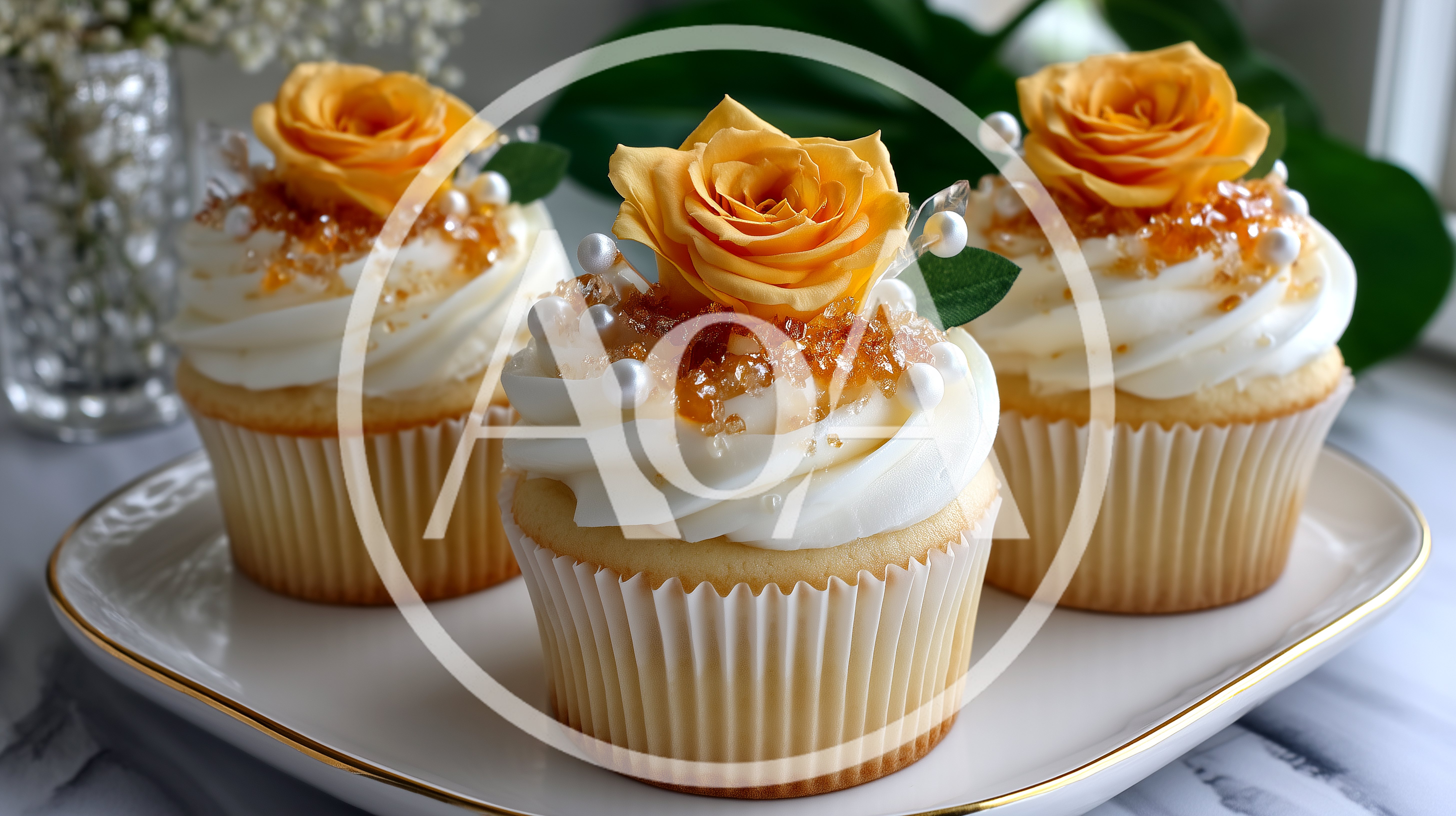 Three Gourmet Cupcakes Topped With Yellow Roses
