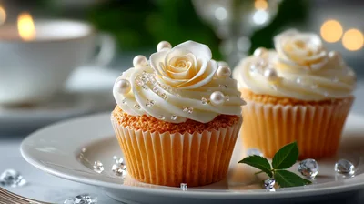 Elegant Cupcakes Decorated With Edible Roses And Pearls
