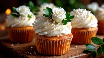 Elegant White Rose Cupcakes On Wooden Surface