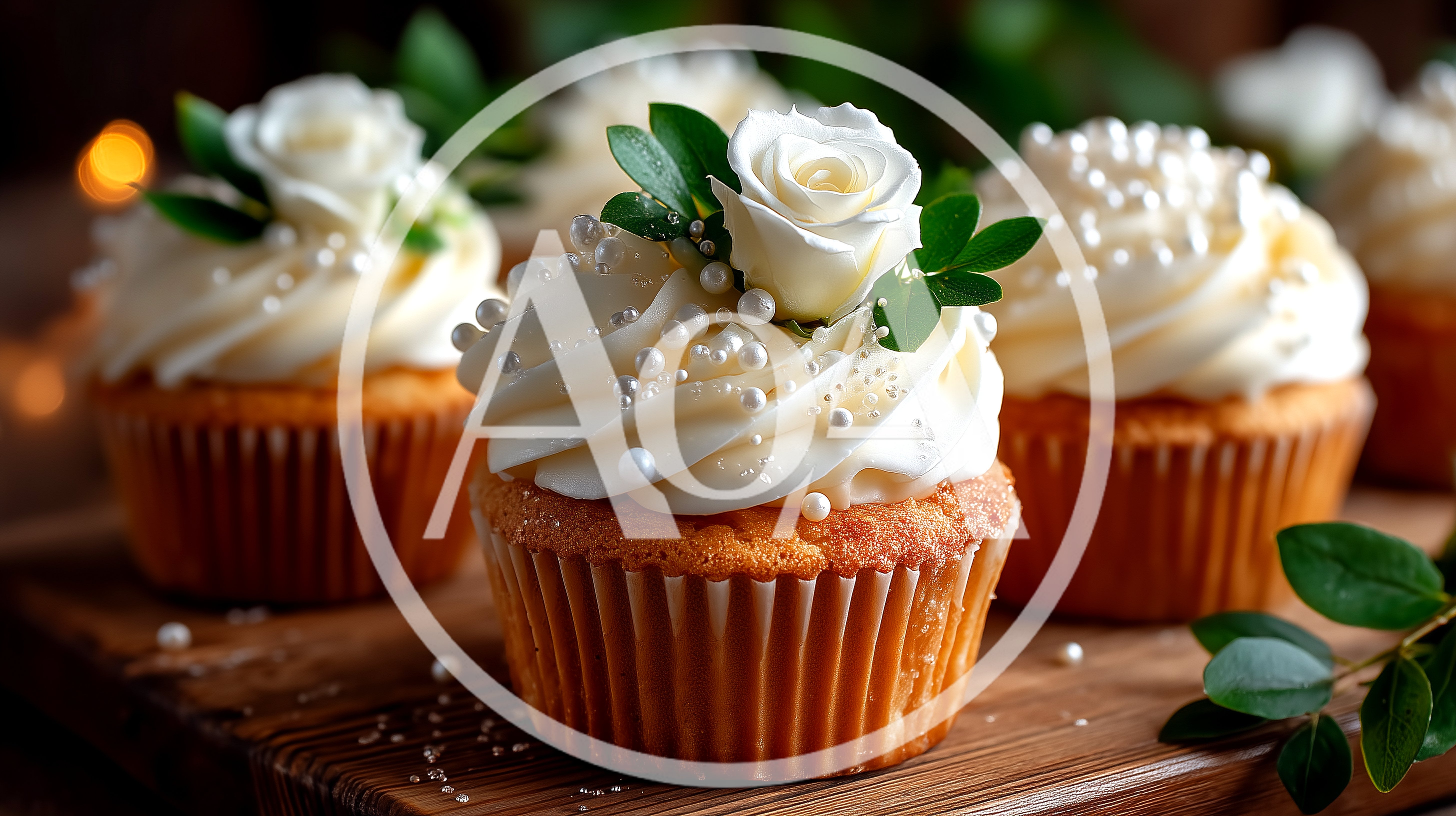 Elegant White Rose Cupcakes On Wooden Surface