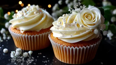 Two Elegant Wedding Cupcakes With White Rose Decorations