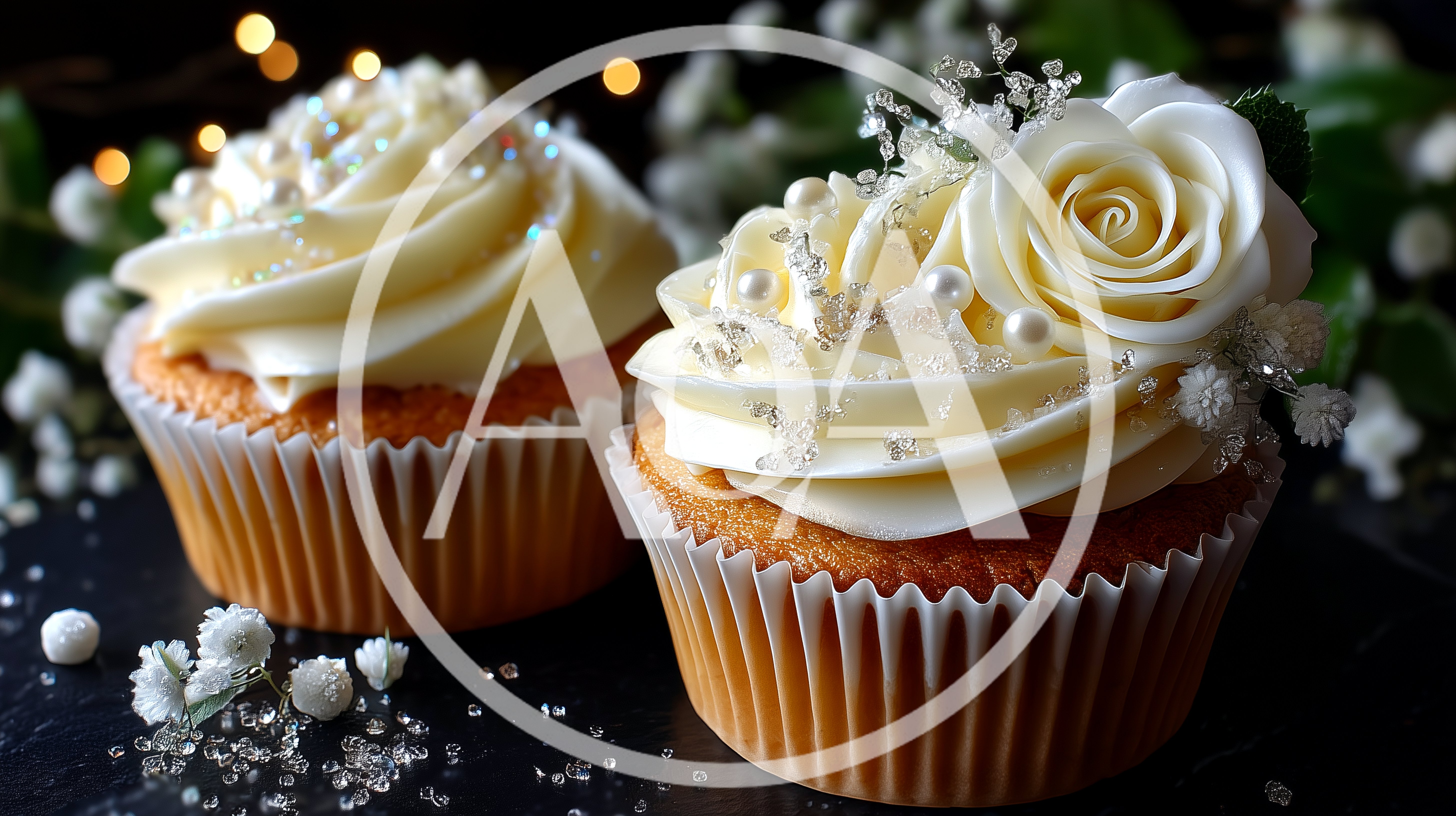 Two Elegant Wedding Cupcakes With White Rose Decorations