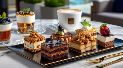 Gourmet Dessert Platter With Coffee And Parfaits