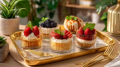 Assorted Mini Desserts Served On A Golden Tray