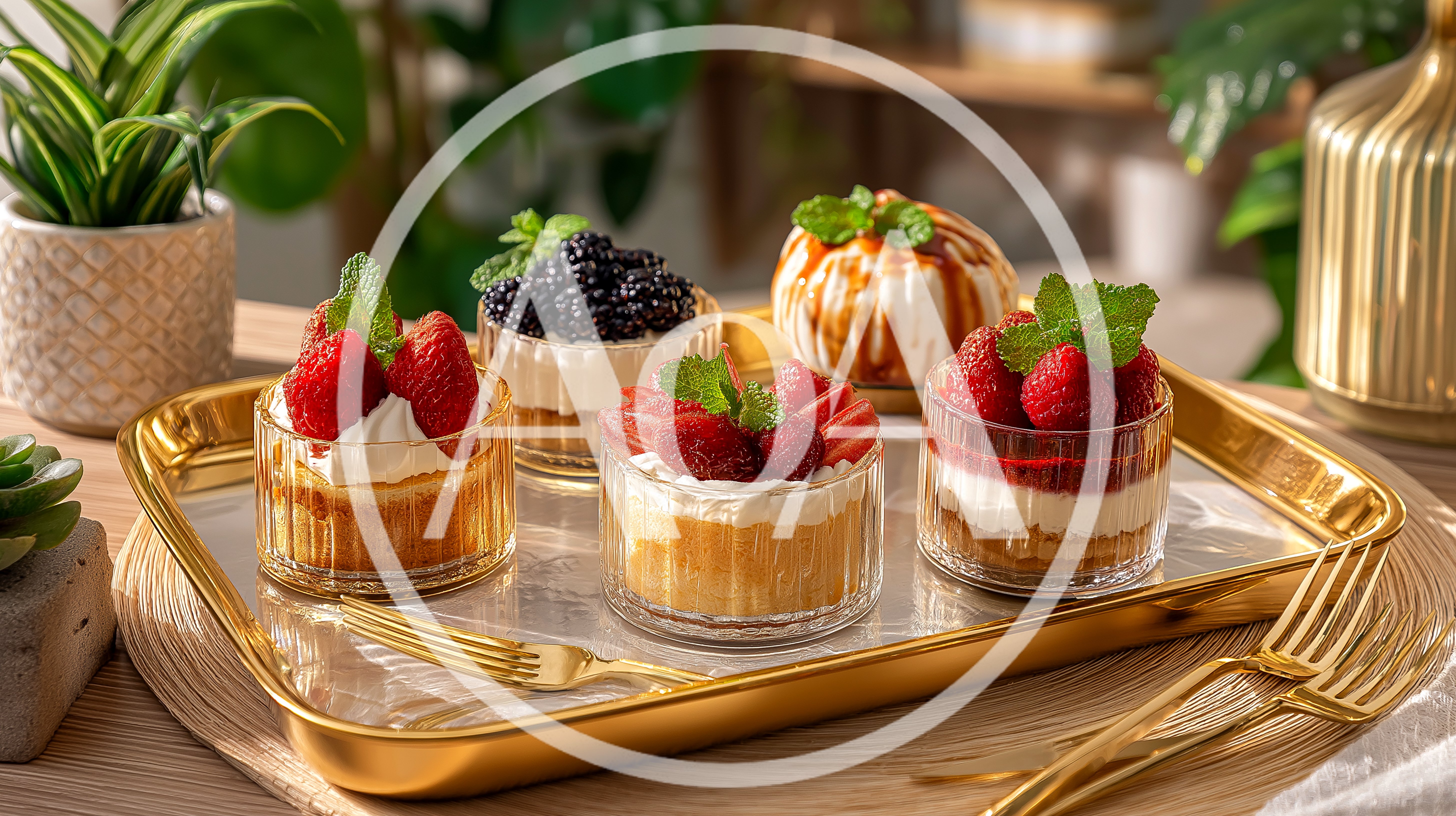 Assorted Mini Desserts Served On A Golden Tray