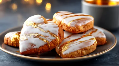 Heart Shaped Cookies With White Glaze And Gold Leaf
