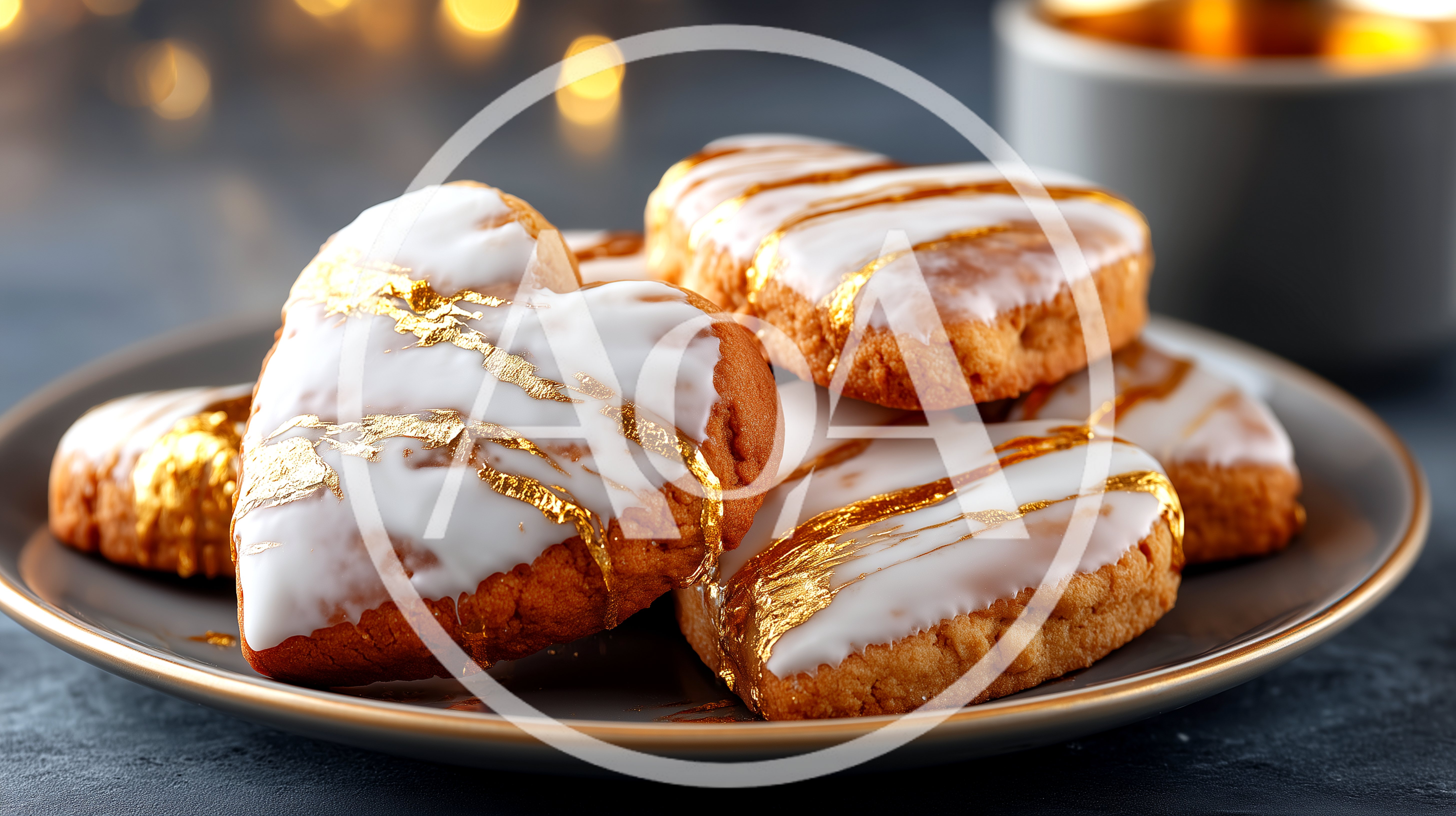 Heart Shaped Cookies With White Glaze And Gold Leaf